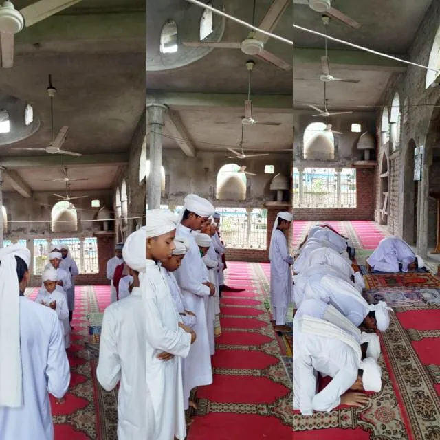 Collage of three photos of students standing and prostrating in prayer inside a mosque