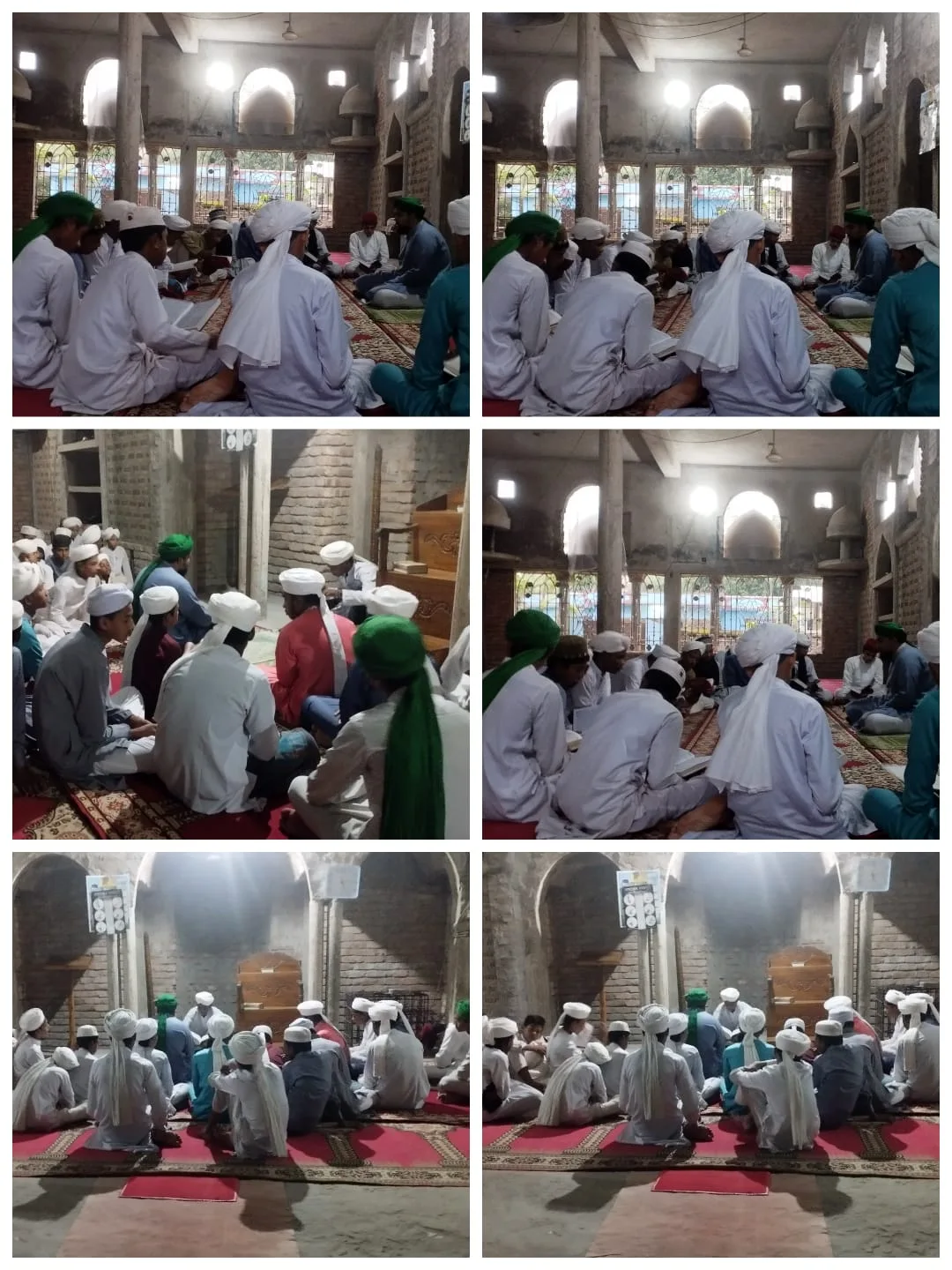 Collage of six photos of students reading and seated inside a mosque