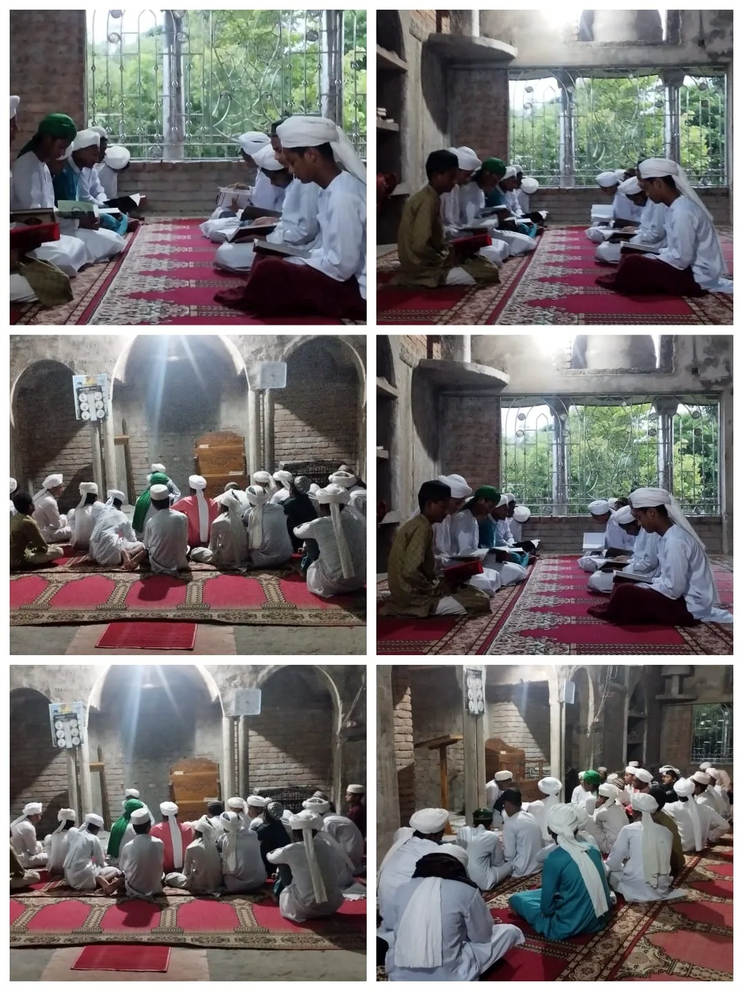 Collage of six photos of students seated and studying inside a mosque