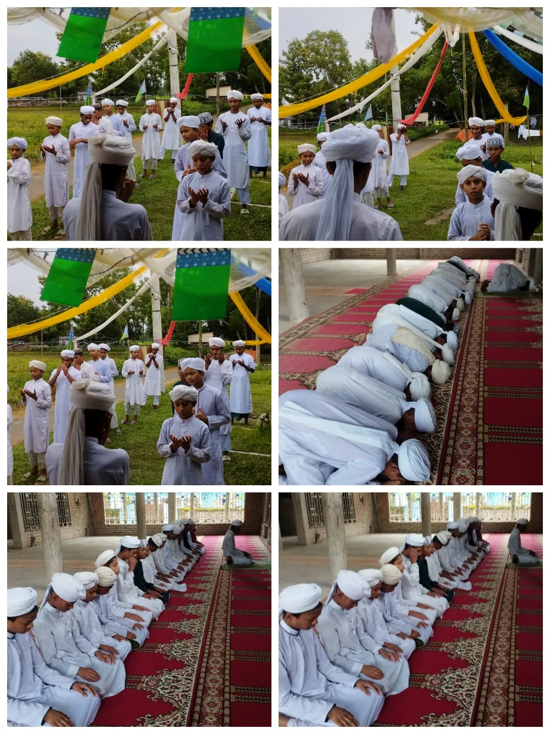 Collage of six photos of students inside a mosque and outdoors under colourful bunting