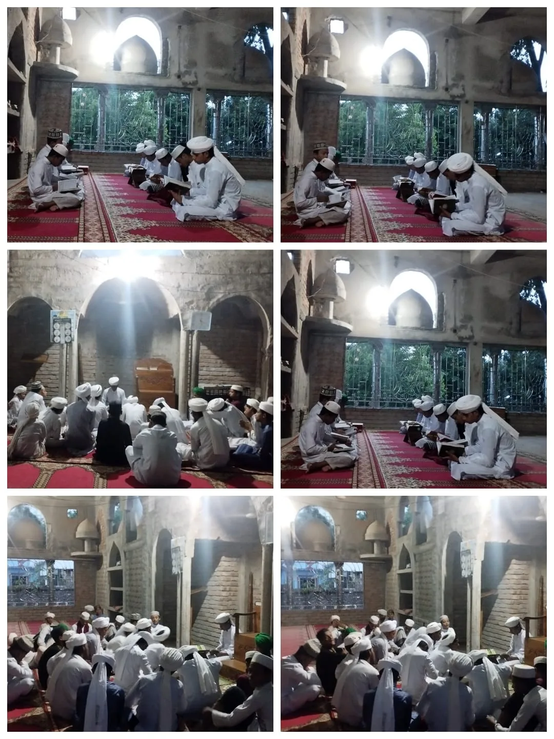 Collage of six photos of students reading inside a mosque