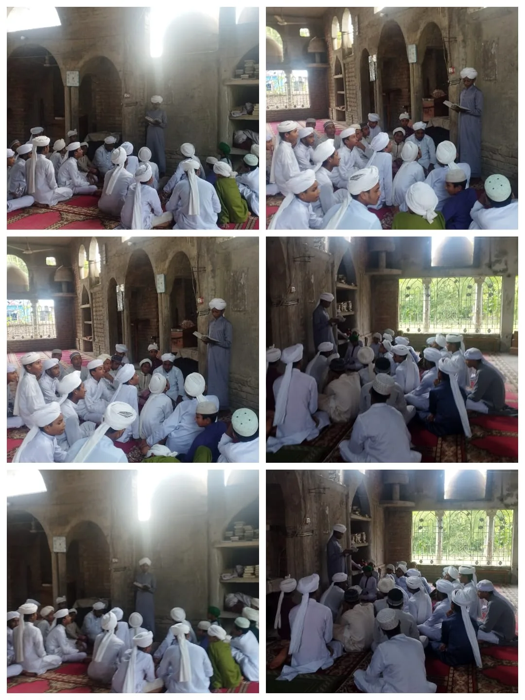 Collage of six photos of students seated in rows inside a mosque